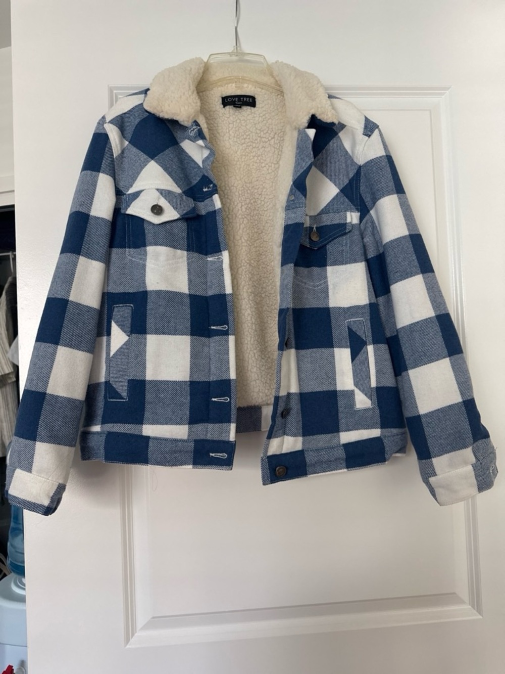 Love Tree Blue & White Plaid Sherpa Jacket